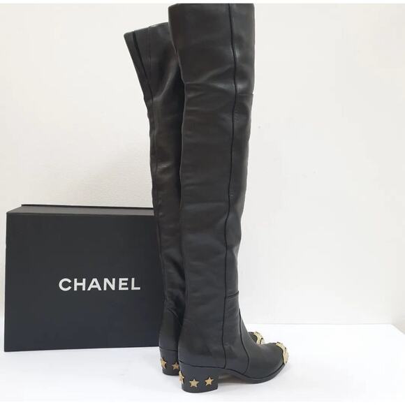 Chanel Black Leather Paris Dallas Metal Cap Toe Thigh High Boots/Bootie Sz. 36.5 - Picture 5 of 7